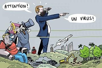 Désigner "l'ennemi" et instaurer un climat de peur, voilà la recette pour frapper les esprits ! Dessin d'humour montrant responsables du climat de peur lié à un virus.