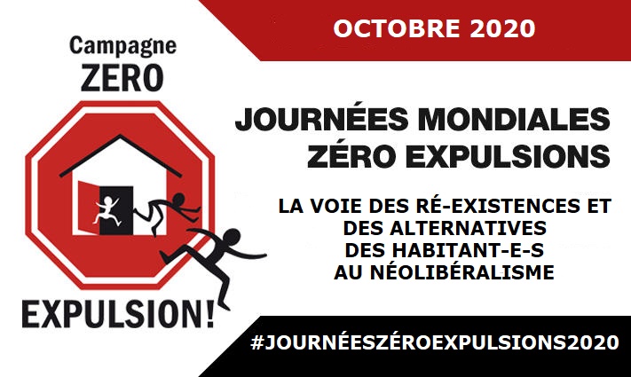 Résister pour Exister, non aux expulsions liées à une crise mondiale du logement, causée par l'échec des politiques néolibérales. Tract de campagne pour des Journées Mondiales Zéro Expulsions.