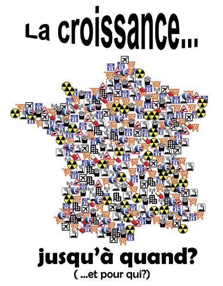 Le plus dangereux pour l’avenir de notre société, n'est-il pas la défense de la croissance et du libre échange ? Carte de France couverte de symboles de la croissance économique.