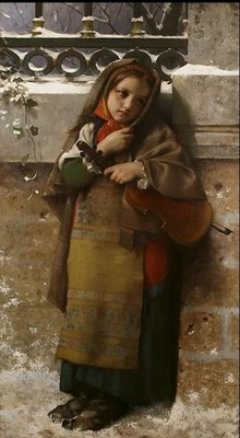 Image d'une jeune fille avec violon, subissant en plein hiver les affres de la rue.