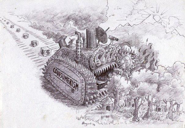 un système qui glorifie la consommation et la croissance économique au prix de la destruction de la planète Terre. image caricaturale d'une énorme machine de la société de consommation qui détruit tout.