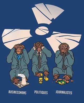 les structures internationales du lobby nucléaire continuent à minorer les risques de la radioactivité, partout où elle sévit... image caricaturant le déni des risques nucléaires, représenté par des singes se bouchant les yeux, oreilles ou bouche.