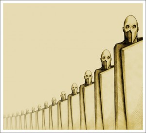 civisme ou soumission, le mur des cons ! image d'une file de statues masquées avec plaques sur troncs.