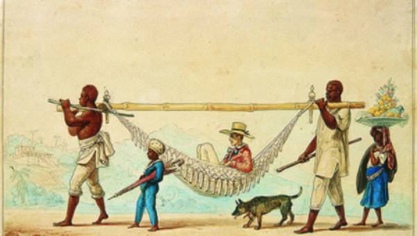 image de l'poque coloniale, reprsentant un colon blanc se faisant porter dans un hamac, accompagn de serviteurs.