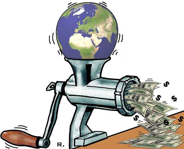 caricature de l'orchestration de la mondialisation économique sous influence atlantiste. image d'un globe terrestre passant à la moulinette pour émettre un flot de dollars.