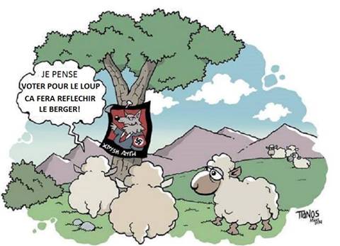 symbole de la bêtise moutonnière favorisant les succès électoraux des fachos. image de moutons autour d'un arbre et affiche de loup nazi cloué sur le tronc.