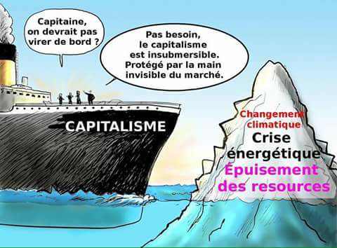 évocation du Système en faillite sur moult plans, utilisant le Capitalisme coercitif... image élaborée avec paquebot Capitalisme qui va renter en collision avec iceberg d'apories, propres à la Terre.