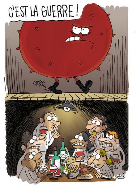 Dessin humoristique caricaturant virus SARS-COV-2 conqurant et des humains mangeant, rfugis au sous-sol.