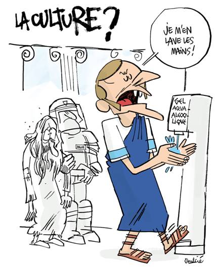 Dessin humoristique caricaturant E. Macron en Ponce Pilate quant au sort de la Culture.