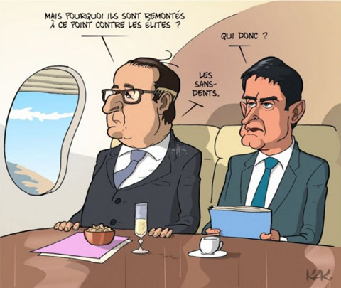 Le touriste contemporain, contrairement au voyageur, se fait détester des locaux...Il est l'homme lige de la mondialisation heureuse ! Dessin humoristique de François Hollande et Manuel Valls à bord d'un avion, s'étonnant du rejet des élites par les Sans-dents...