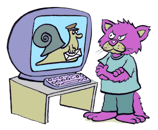 Image anime d'un chat rose s'impatientant d'un lent traitement informatique, symbolis par un escargot sur cran.