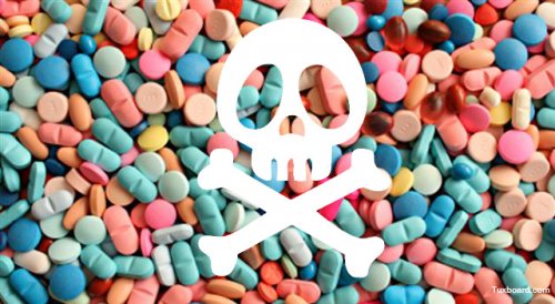 Big Pharma, épouvantail…soit des fabricants de médicaments intéressés, mais souvent peu par l’intérêt des patients ! Image composée avec tas de pillules colorées surportant symbole de danger mortel.