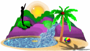 Image anime de vacancier plongeant dans une piscine sous les tropiques.
