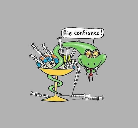 Les géants de l’industrie pharmaceutique peuvent avoir une influence peu recommandable... Image de serpent sur une coupe débordant d'ordonnances et seringues.