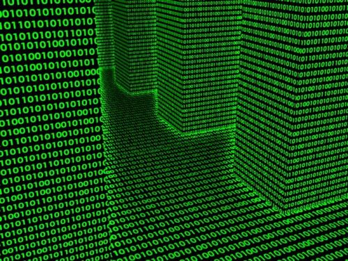 Evocation pour -nouvelle version du capitalisme, celle de l'automatisation des machines par l'intelligence artificielle et la généralisation des énergies vertes-... Image noire et verte de tours, constructions binaires, pour société numérique...