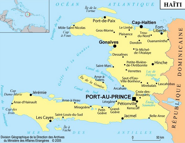 Répuplique de Haïti en Hispaniola, avec localisation des principales villes. Carte de Haiti avec localisation des principales villes.