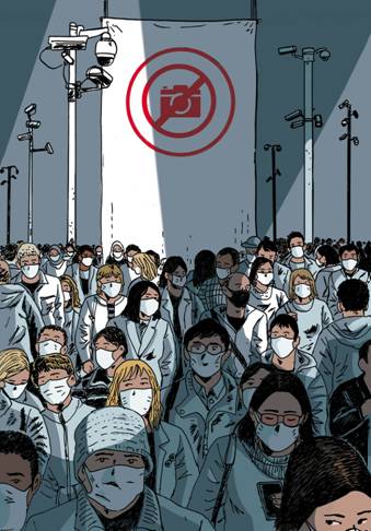 Peuple : otage et cobaye, sous surveillance étroite... Image de foule masquée, stressée, épiée par caméras dans univers gris.