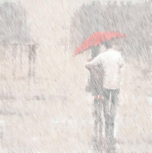 Image de couple sous la pluie avec parapluie rouge.