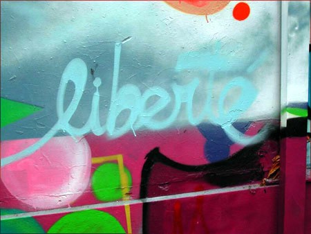 Les mots vont et viennent, les mots s’épuisent ...mais il n’y a pas que des mots. photo d'un graffito du mot -Liberté- sur décor coloré.