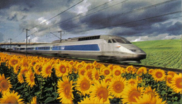illustration-poème, photos de souvenirs jaunies...passe le train des vanités symbole_le-train_rah, train TGV passant devant champ de tournesols
