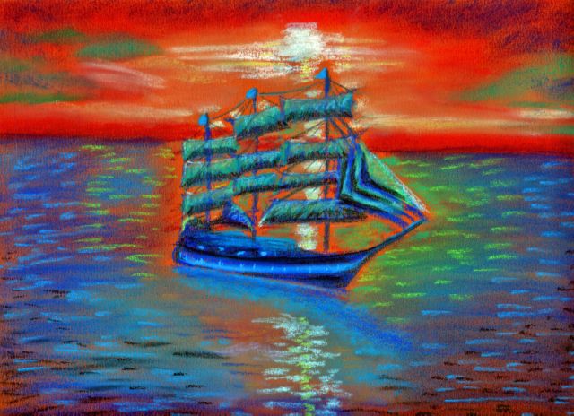 illustration-poème, peinture intitulée -Coucher de soleil au voilier- photo tableau, coucher de soleil au voilier.jpg