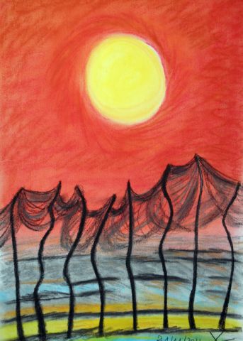 illustration-poème, peinture intitulée -Filets de pêche au couchant- photo tableau, filets de pêche au couchant.jpg